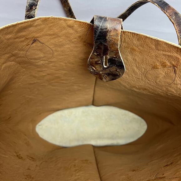 Luxury Artisan Leather Leaf Texture Tote Bag Handmade Brown Earthy Boho Heritage - Picture 9 of 16